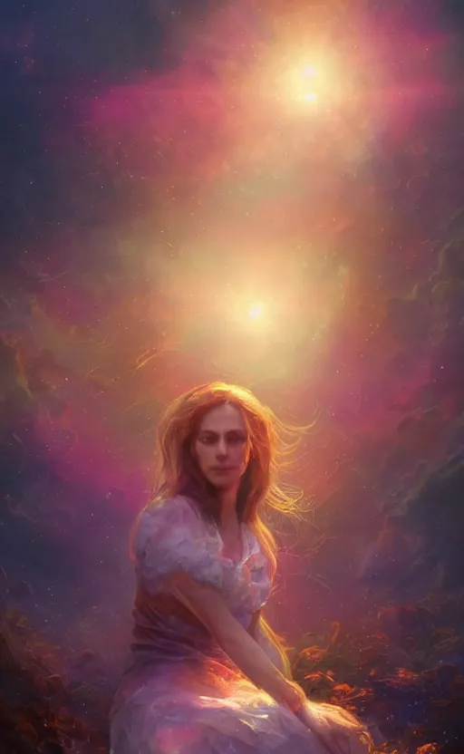 Image similar to the birth of life, sharp focus, intricate, elegant, digital painting, artstation, matte, highly detailed, concept art, illustration, volumetric lighting, gold and blue and pink color scheme, bokeh light, art by greg olsen and liz lemon swindle