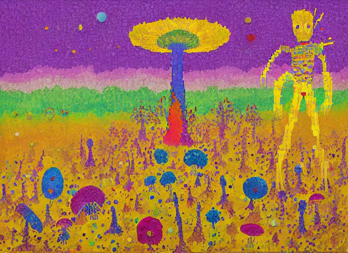 Image similar to pixel decollage painting golden armor alien zombie horseman riding on a crystal bone dragon broken rainbow diamond maggot horse in a blossoming meadow full of colorful mushrooms and golden foil toad blobs in a golden sunset, distant forest horizon, painted by Mark Rothko, Helen Frankenthaler, Danny Fox and Hilma af Klint, pixelated, neo expressionism, semi naive, rich deep colors, cinematic, color field painting, cave painting, voxel, pop art look, outsider art, minimalistic. Bill Traylor painting, part by Philip Guston and Francis Bacon. art by Adrian Ghenie, 8k, extreme detail, intricate detail, masterpiece