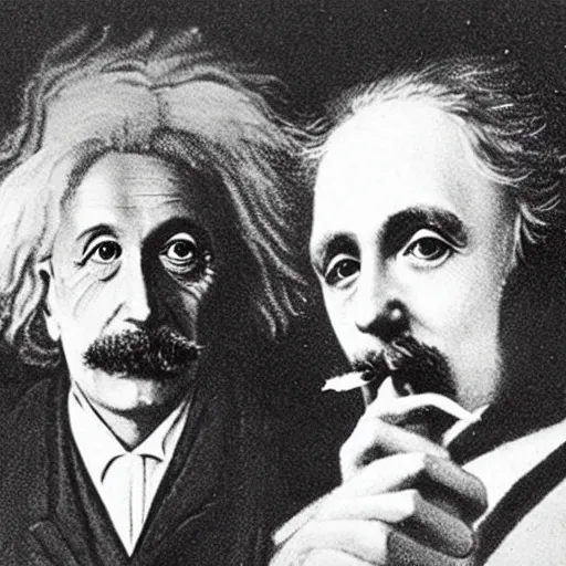 Image similar to Einstein, Isaac Newton, and Nikolai Tesla smoking a joint, drawing