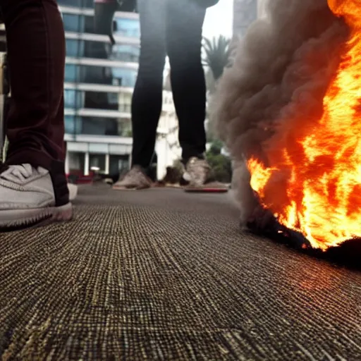 Image similar to roomba attacks the city, people running from roomba, buildings on fire