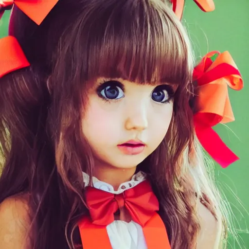 Image similar to 1girl 😮 ascot bare_shoulders bow brown_eyes brown_hair close-up floral_background frilled_bow frilled_hair_tubes frills hair_between_eyes hair_bow hair_tubes long_hair orange_ascot pink_background red_bow shirt sleeveless sleeveless_shirt solo