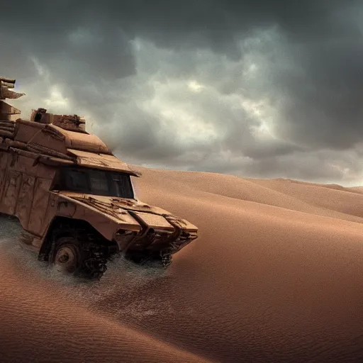 Prompt: an image of an armored vehicle in the dunes of desert by Paul Chadeisson, atmospherical, stormy weather, concept art, high detail, sci-fi, cinematic, Artstation trending, octane render