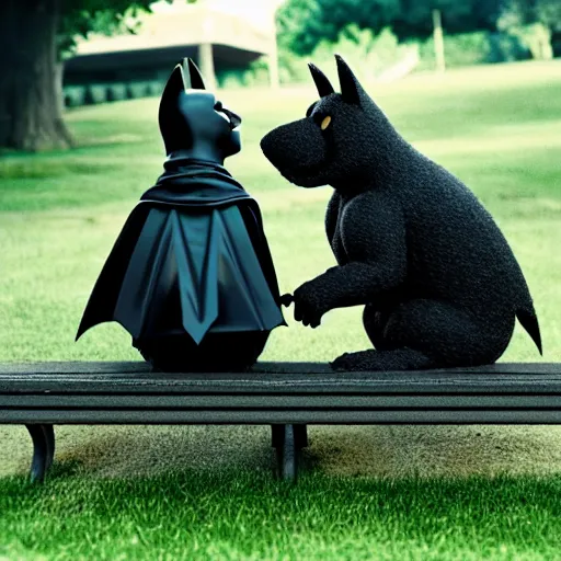 Image similar to batman and alf smoking a cigarette sitting on a green park bench, ultra realistic photo, 8 k resolution, movie escene, 3 5 mm, lens real depth