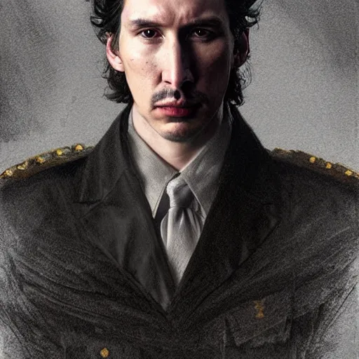 Prompt: portrait of stoic king adam driver beautiful queen john oliver, full body, military uniform, fantasy, intricate, elegant, beautiful, highly detailed, charcoal, centered, dark, smokey, digital painting, artstation, concept art, smooth, sharp focus, illustration, art by artgerm and greg rutkowski and alphonse mucha