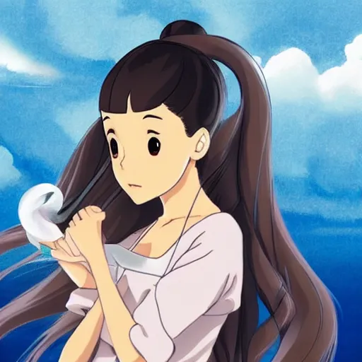 Image similar to Ariana Grande, flowing hair. in the style of Studio Ghibli, trending on artstation