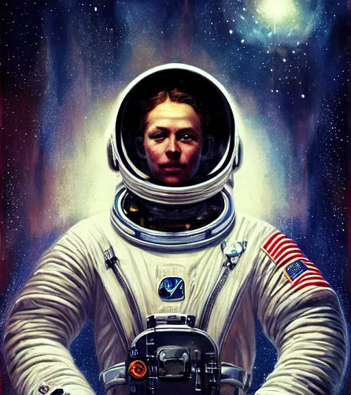 Image similar to portrait of an astronaut in 3 0 s, surrounded by stars by karol bak, james jean, tom bagshaw, rococo, trending on artstation, cinematic lighting, hyper realism, octane render, 8 k, hyper detailed