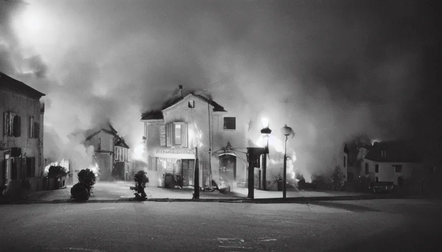 Image similar to 1 9 7 0 s movie still of a heavy burning french style townhouse in a small french village by night, cinestill 8 0 0 t 3 5 mm, heavy grain, high quality, high detail, dramatic light, anamorphic, flares