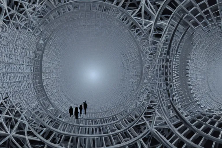 Image similar to tourists taking a photo of a complex organic fractal 3 d ceramic humanoid megastructure, cinematic shot, foggy, photo still from movie by denis villeneuve