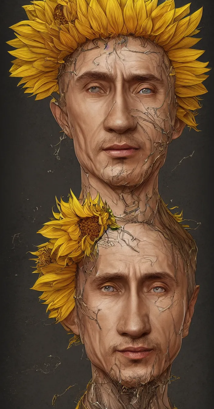 Image similar to digital art, centered full body of young any old Putin smiling king, Sunflower crown, ,intricate, veins, by James Jean and by artgerm , by ross tran ultradetailed, charachter design, concept art, trending on artstation,