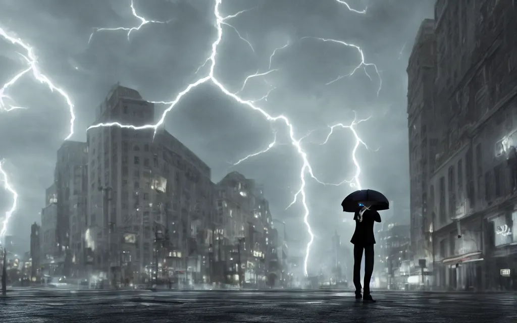 Image similar to lightning hitting man with umbrella standing on the street, atmospheric, mist, epic, photorealistic, realistic, rule of thirds, extremely detailed, 4 k, 8 k, unreal engine 5 render, rim lighting, rtx, ray traced lighting, shot on 3 5 mm, film grain