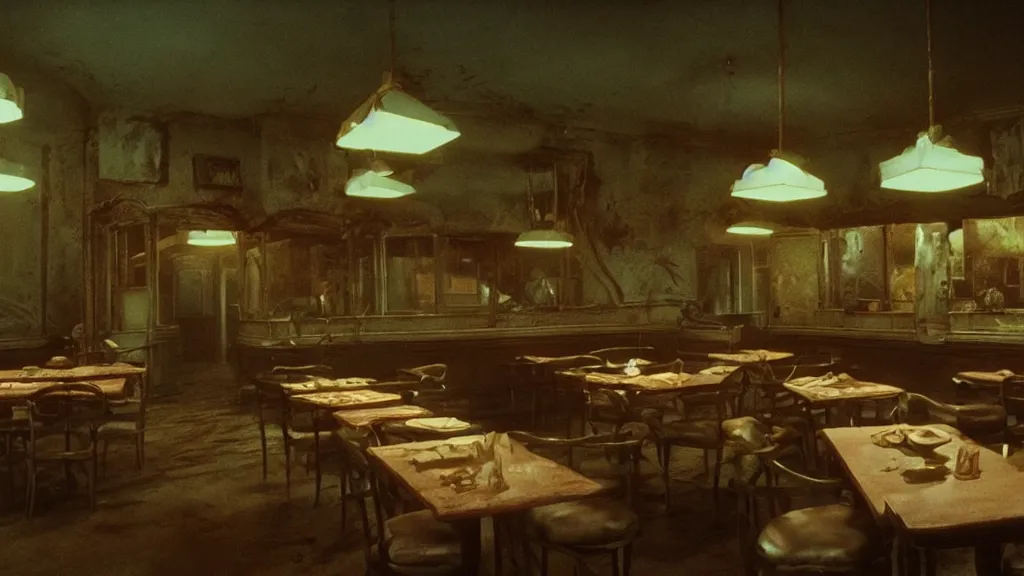 Image similar to the haunted fast food restaurant, film still from the movie directed by denis villeneuve and david cronenberg with art direction by salvador dali and zdzisław beksinski, wide lens