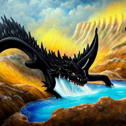 Image similar to highly detailed oil painting of a black dragon in the middle of a colorful hotspring at yellowstone national park, featured on artstation