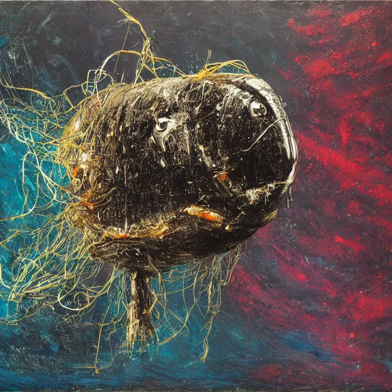 Image similar to Hyperrealistic Studio Photograph of a deep sea humpback anglerfish deep underwater in darkness, award-winning nature deep sea expressionistic impasto oil painting by Cy Twombly and Tim Hawkinson vivid colors hyperrealism 8k