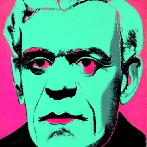 Prompt: boris karloff silk screen portrait by andy warhol, butcher billy style