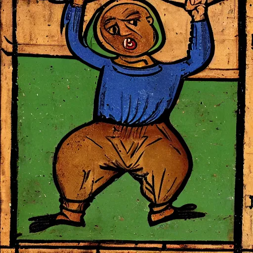 Image similar to skinny ugly man in green body suit, frying pan in one hand, angry, fighting, medieval art