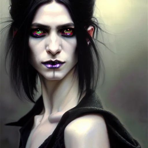 Image similar to portrait painting of an androgynous witch with shoulder length black hair pale skin and beautiful eyes wearing a punk clothes, ultra realistic, concept art, intricate details, eerie, highly detailed, photorealistic, octane render, 8 k, unreal engine. art by artgerm and greg rutkowski and magali villeneuve and alphonse mucha