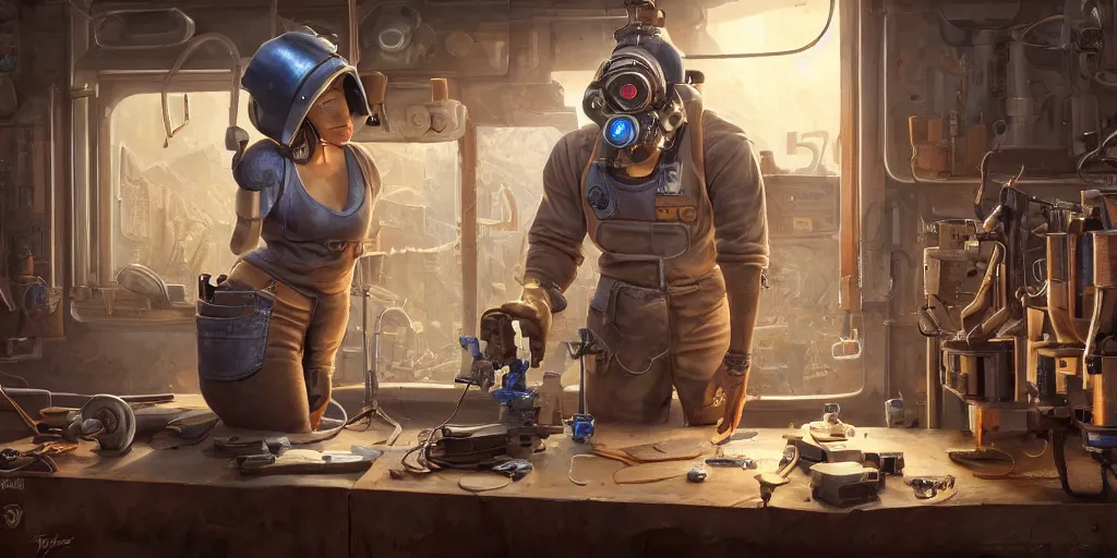 Image similar to highly detailed portrait painting of welder and angelina joile posing, mono eye window, workbench, symmetrical perfect eyes, by eddie mendoza and tyler edlin, 8 k resolution