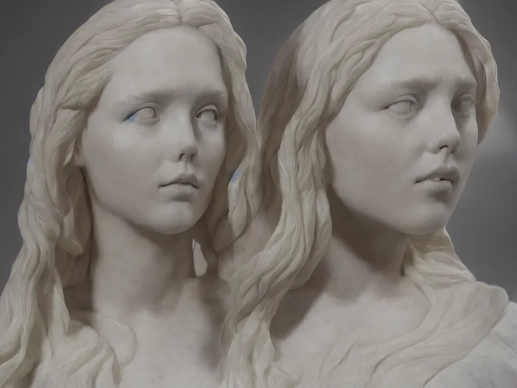 Image similar to a marble bust of actress Elizabeth Olsen, made of Carrara marble, in white marble, detailed, intricate, CGI, cgsociety, trending on artstation, photograph, single subject, by Gian Lorenzo Bernini