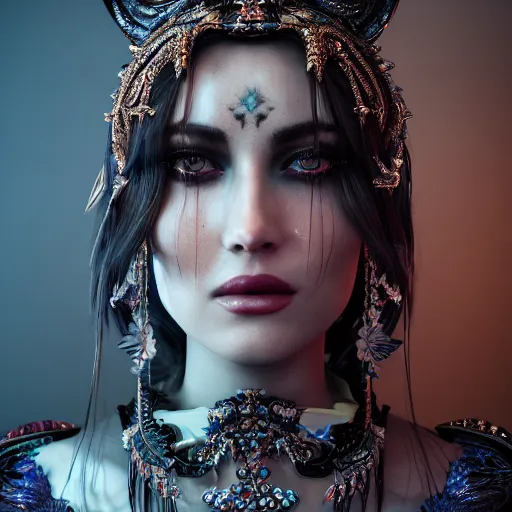 Image similar to portrait of moon sorceress, beautiful, attractive, glowing, ornate and intricate, jaw dropping, dynamic lighting, dark, menacing, intricate and detailed, 4 k octane render, age 2 0