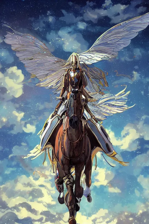 Image similar to a mechanical horse with wings flying across glimmering stairways to otherworldly galaxies, high intricate details, rule of thirds, golden ratio, cinematic light, anime style, graphic novel by fiona staples and dustin nguyen, by beaststars and orange, peter elson, alan bean, studio ghibli, makoto shinkai