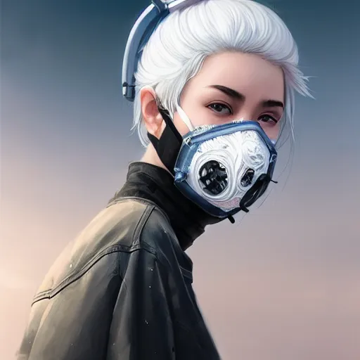 Prompt: very cool girl white hair girl with mask, streetwear, techwear, cyberpunk style outfit, full body, nose piercing, detailed portrait, intricate complexity, by greg rutkowski, artgerm, ross tran, conrad roset, takato yomamoto, ilya kuvshinov. 4 k, beautiful, cinematic dramatic atmosphere