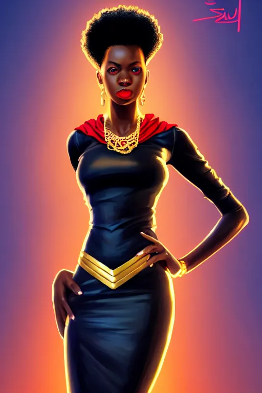 Prompt: portrait of young black super girl, short blonde Afro,sexy red lips, tall and slim figured, Brooklyn background, highly detailed black skin tight dress and rendered gold jewelry, digital art, intricate, sharp focus, Trending on Artstation, HQ, unreal engine 5, 4K UHD image, by brom, artgerm, face by Otto Schmidt