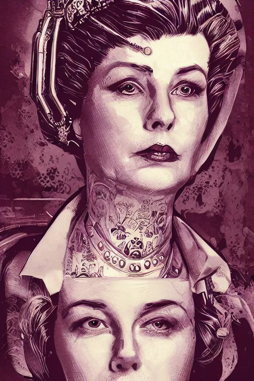 Image similar to heroine, beautiful,vintage ink style, cyberpunk queen elizabeth,ultra detailed, digital art, 8k ,character ,realistic, portrait, hyperrealistic