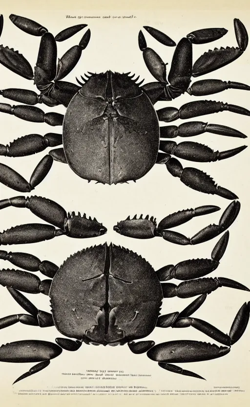 Image similar to a page of crab anatomy atlas, 1 9 0 0 s, highly detailed