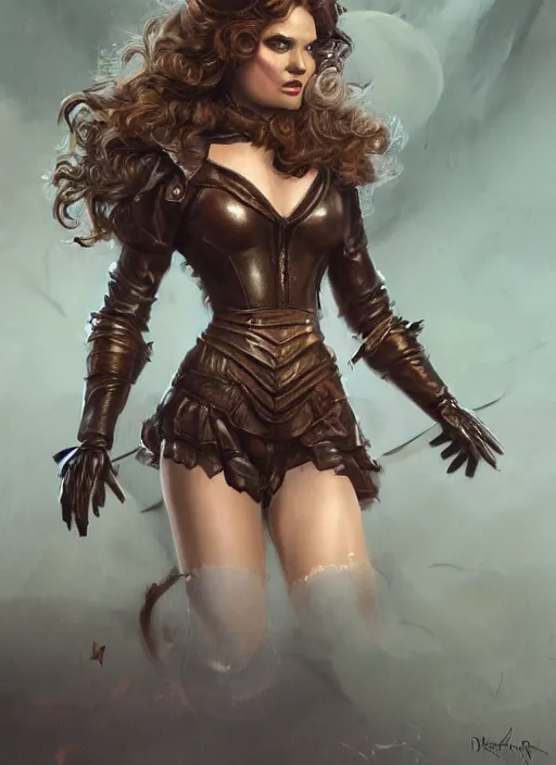 Image similar to beautiful female dorothy gale, rebecca romijn as dorothy, full body character concept, covered in full leather armor, art nouveau, super powers, fantasy, intricate, elegant, highly detailed, digital painting, artstation, concept art, shining, sharp focus, illustration, art by stanley lau