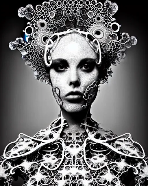 Prompt: surreal black and white photo portrait of complex bio-mechanical beautiful young female vegetal-cyborg with a Mandelbrot fractal steampunk metal fine lace face, curled silver hair and a fine metal floral foliage super big lace collar by Alexander McQueen:: high fashion, haute couture, rococo, steampunk, silver filigree details, anatomical, facial muscles, cable wires, microchip, elegant, hyper realistic, 150 mm lens, soft rim light, octane render, unreal engine, volumetric lighting, 8k,