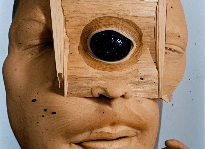 Prompt: realistic photo portrait of the a sculpture of a science of wood, eyes made of caviar poorly designed in style of arte povera, fluxus, dadaism, joseph beuys, ugly made, low quality, nonprofessional, trash levitating in the wooden room 1 9 9 0, life magazine reportage photo