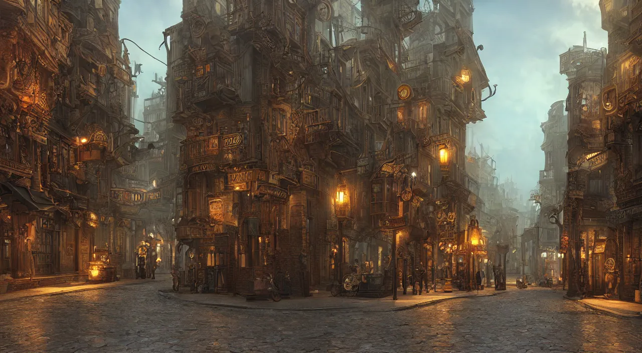 Image similar to steampunk city streets by ted nasmith, octane render, trending on artstation