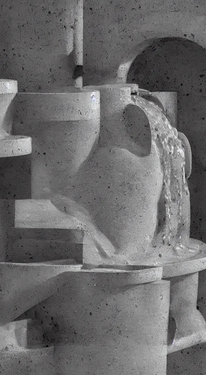 Image similar to a stream of water entering into a machine made from clay amphoras and producing a coin, in the style of a Carlo Scarpa fountain, architectural photograph , isometric views, infrastructure, kidneys, marble texture , 8k