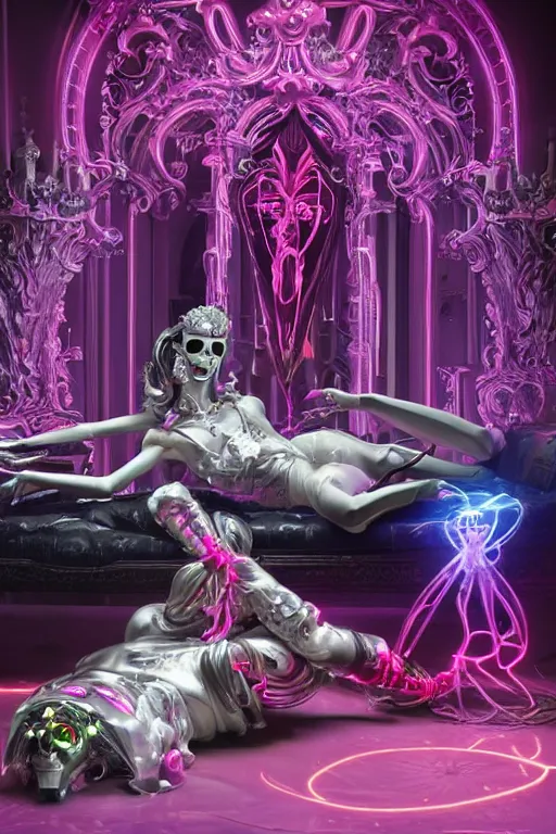 Prompt: full-body rococo and cyberpunk style neon statue of a young attractive portugues macho dotado e rico android sim roupa reclining con las piernas abertas e la piroca dura, glowing white laser eyes, prince crown of pink gears, diamonds, swirling silver-colored silk fabric. futuristic elements. full-length view. space robots. human skulls. intricate artwork by caravaggio. Trending on artstation, octane render, cinematic lighting from the right, hyper realism, octane render, 8k, depth of field, 3D