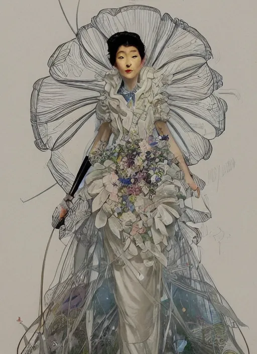 Image similar to a copic maker art nouveau portrait of a japanese girl detailed features wearing a puffy futuristic weeding dress designed by balenciaga by john berkey, norman rockwell akihiko yoshida