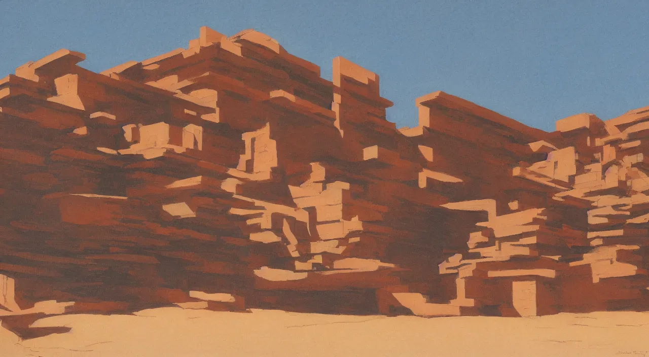 Image similar to chiaroscuro gouache by james gurney. building designed by frank lloyd wright. dune palace.