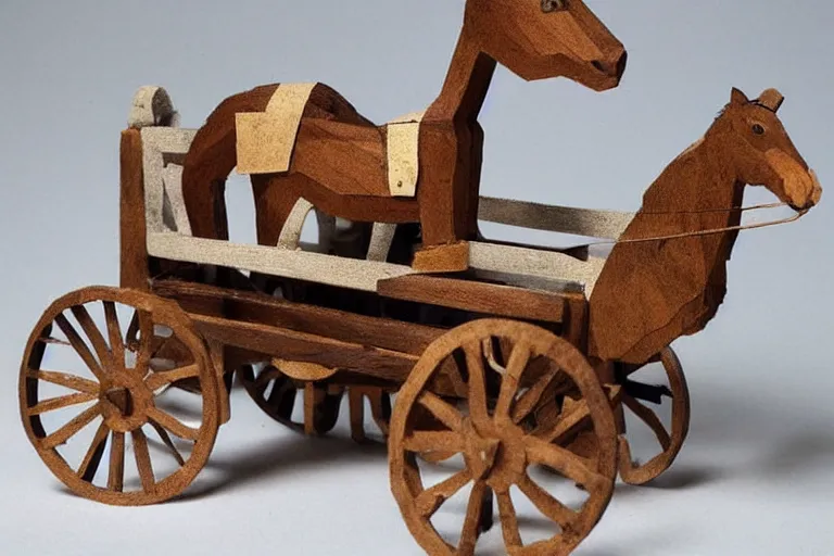 Image similar to a wooden toy horse pulling a wooden carriage, a storybook illustration by betye saar, pinterest contest winner, ecological art, made of cardboard, made of trash, ray tracing