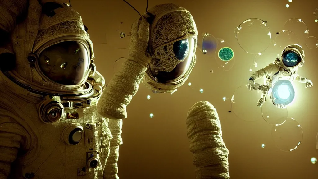 Image similar to a single astronaut eva suit covered in diamond 3d fractal lace iridescent bubble 3d skin and covered with insectoid compound eye camera lenses floats through the living room, film still from the movie directed by Denis Villeneuve with art direction by Salvador Dalí, wide lens,