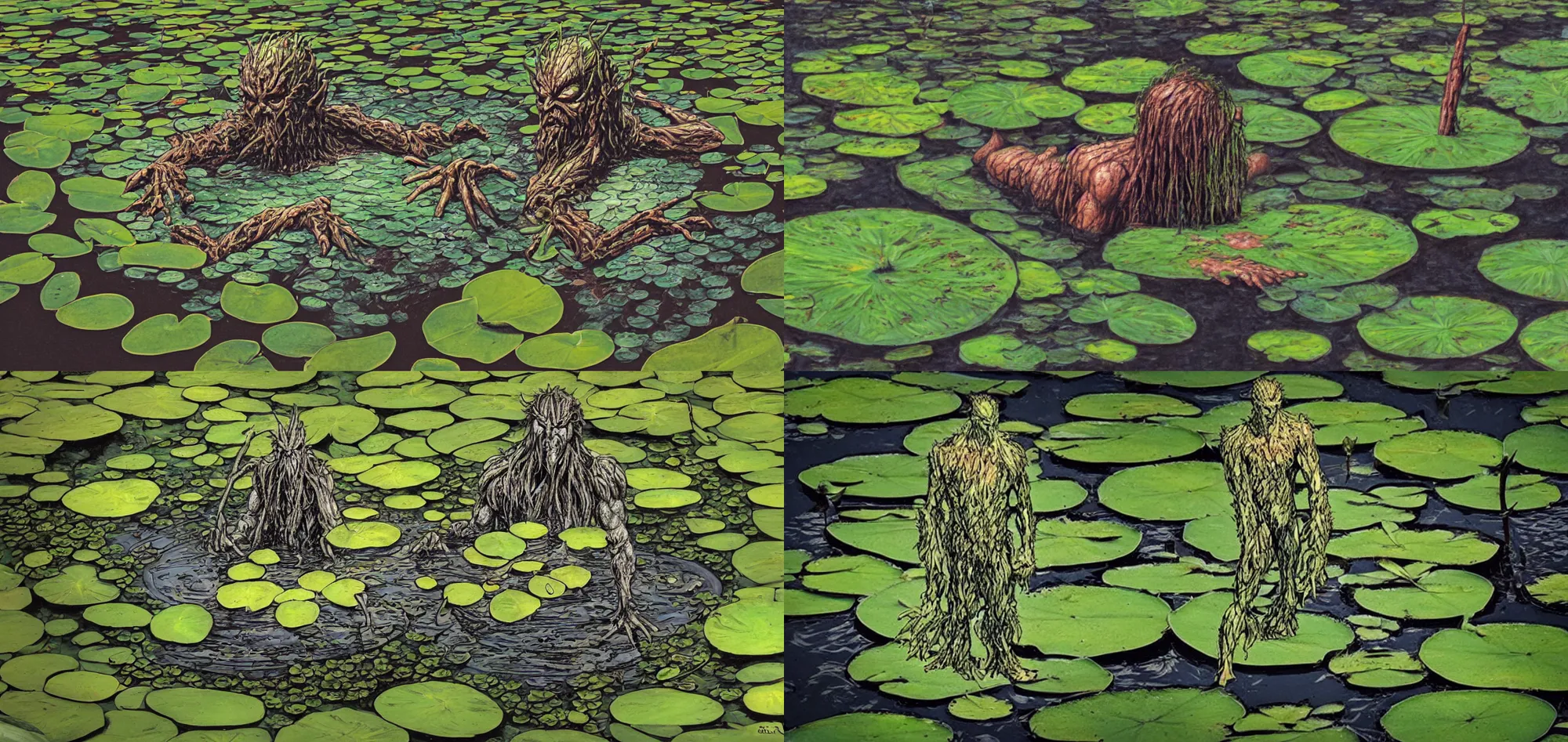 Image similar to Swamp thing on a lily pad in a pond