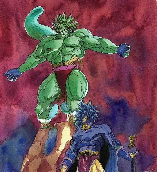 Prompt: a 3 / 4 view watercolor ink painting of broly as a demon in the style of jean giraud in the style of moebius trending on artstation deviantart pinterest detailed realistic hd 8 k high resolution