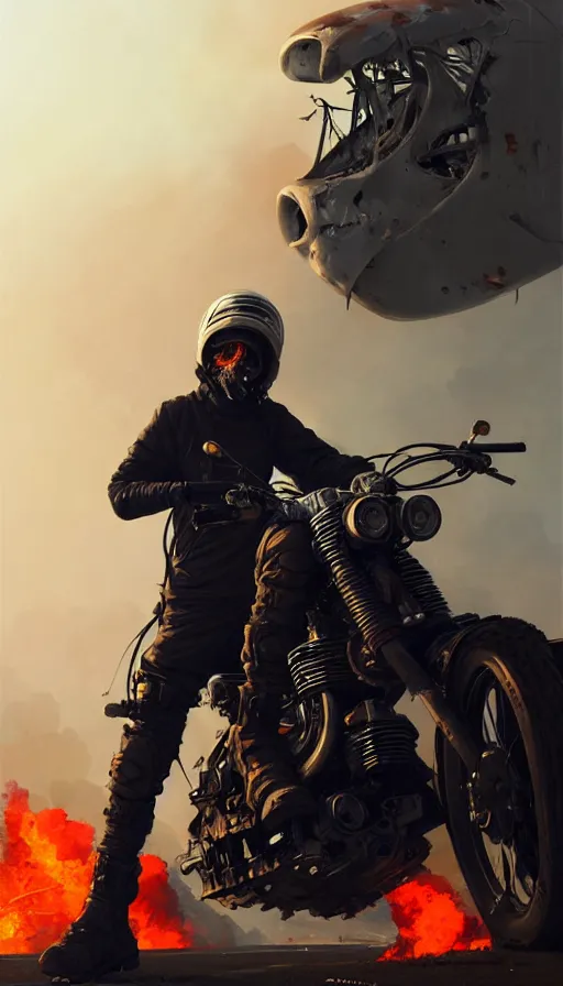 Image similar to a ultradetailed beautiful panting of post apocalyptic biker with helmet in front of crashed airplane burning, by ilya kuvshinov, greg rutkowski and makoto shinkai, trending on artstation