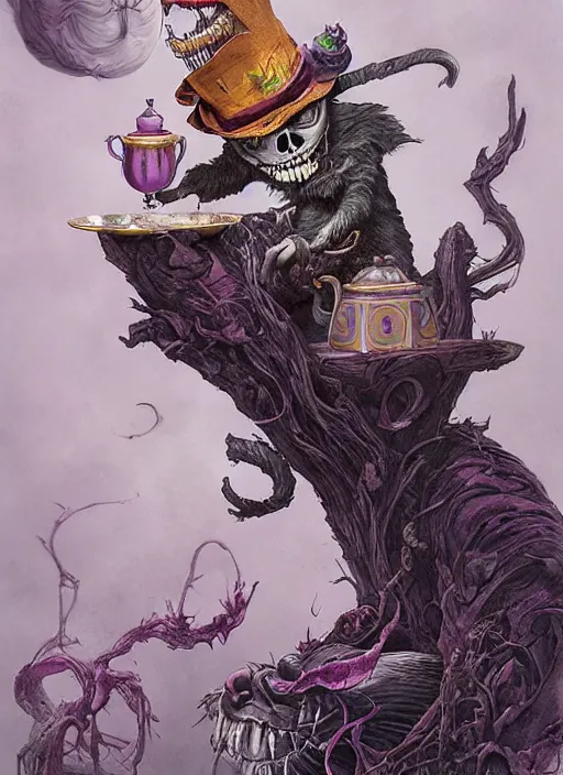 Image similar to Cheshire Cat drinking tea with Mad hatter, death tarot card,highly detailed,half skull face,cinematic,8k,by Stanley Artgermm,Tom Bagshaw,Greg Rutkowski,Carne Griffiths, Ayami Kojima, Beksinski, Giger,trending on DeviantArt,hyper detailed,horror, full of colour