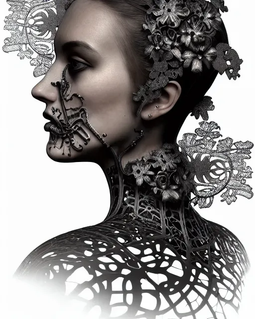 Image similar to monochrome profile portrait painting, dutch masters, silver lace floral steampunk biomechanical beautiful young female cyborg with one techno eye, volumetric light, leaves foliage and stems, hibiscus flowers, sinuous fine roots, fine foliage lace, alexander mcqueen, rim light, big gothic fashion floral pearl embroidered collar, 8 k