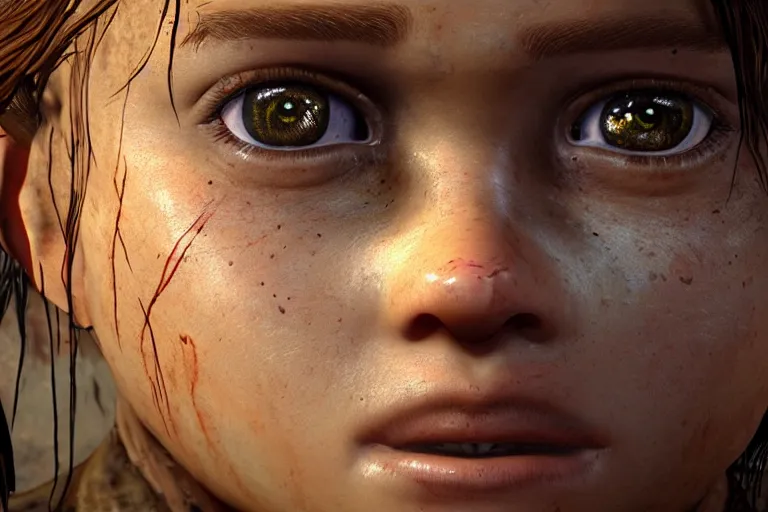 Prompt: an amazing photo, extreme close-up of the face of a young ellie from The last Of Us, award winning photo, very detailed, cinematic, beautiful lighting effects