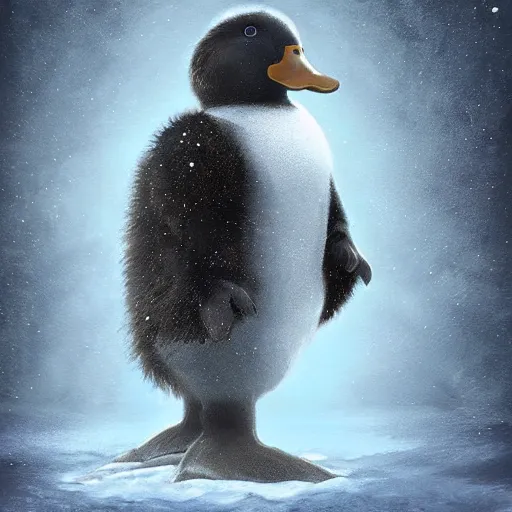 Image similar to Gigantic duck-like creature walking in Antarctica, artstation, digital art, realistic, detailed