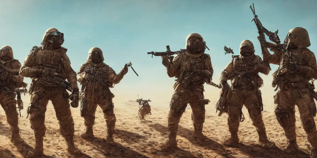 Image similar to highly detailed image of a tactical squad of hamsters holding rifles, in a desert, stephen bliss, unreal engine, fantasy art by greg rutkowski, global illumination, detailed and intricate environment