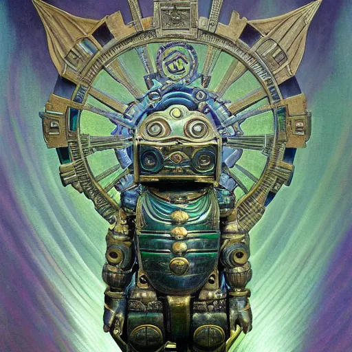 Image similar to beautiful sculpture of an ornate mechanical robot cat, by annie swynnerton and diego rivera and nicholas roerich and jean delville, symbolist, dramatic lighting, god rays, elaborate geometric ornament, art brut, colors are soft greens and blues and purple, smooth, sharp focus, extremely detailed, adolf wolfli and ( donato giancola )