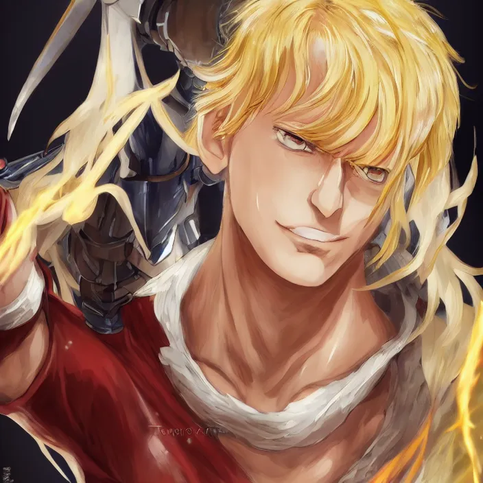 Image similar to portrait of the blond knight of flames, anime fantasy illustration by tomoyuki yamasaki, kyoto studio, madhouse, ufotable, trending on artstation