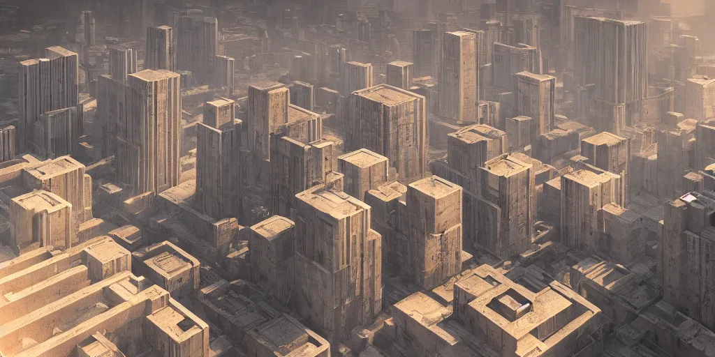 Prompt: An expansive brutalist city made of concrete:: golden hour:: Beautiful lighting:: highly detailed digital art, trending on Artstation::