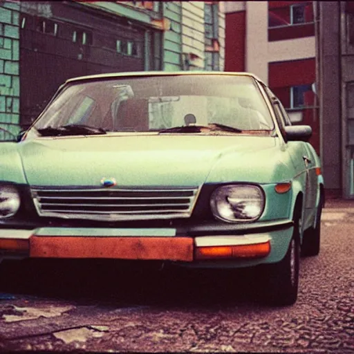 Image similar to low angle close to shot of russian car in soviet yard with block of flats, low grain film,polaroid, masterpiece, f 1.6, bokeh, mid day in style of william egglestone